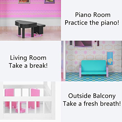 BABLE Wooden Dollhouse with Furniture Pieces,Pretend Play Toy House for Little Girls(3-9 Years Old),Furnished Dollhouse Kit for Small Place, Modern Dollhouse with Accessories, 34 x12 x34 in,Pink