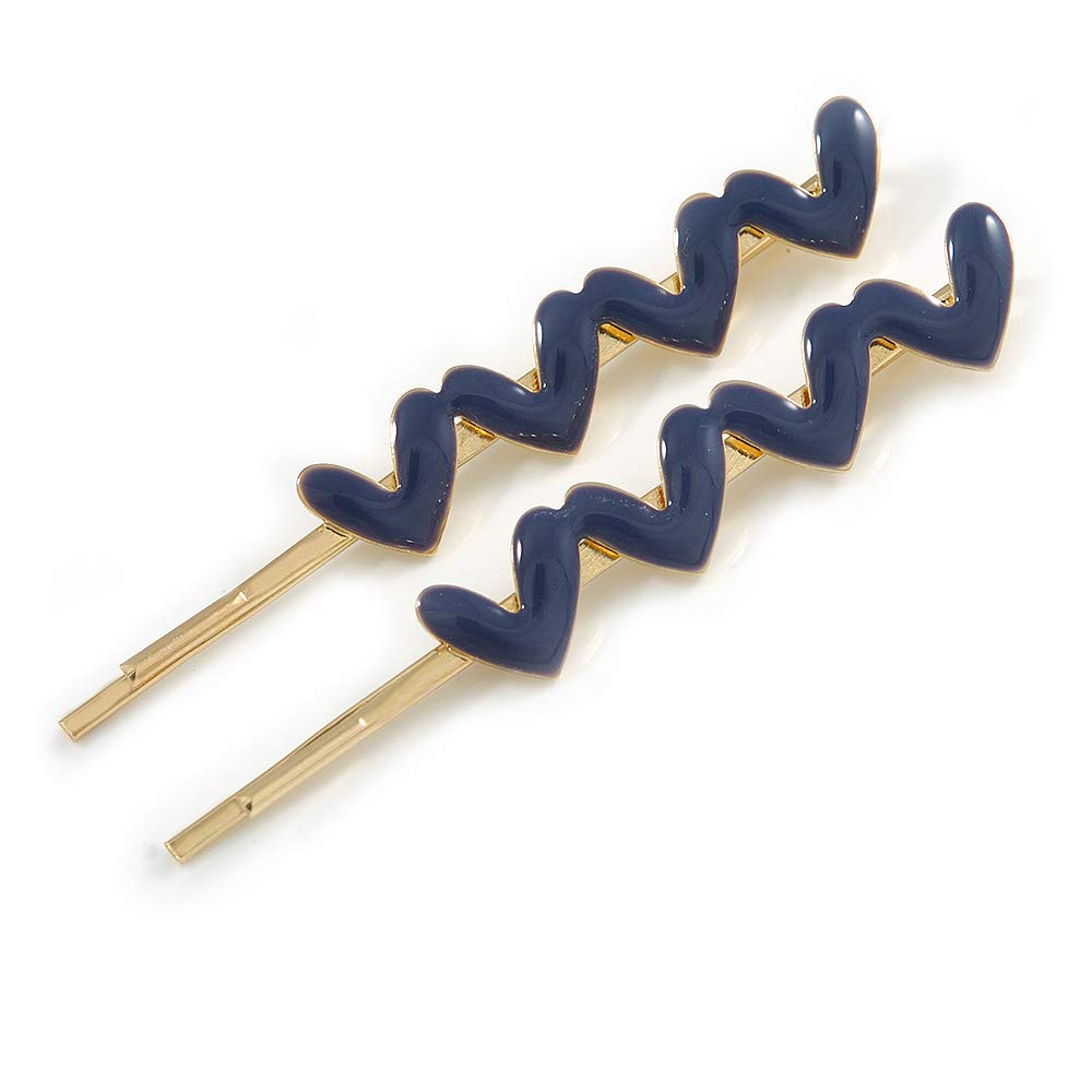 2 Gold Plated Violet Blue Enamel Heart Hair Grips/Slides - 65mm