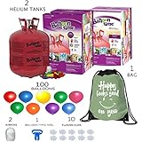 Balloon Time Disposable Helium Tank 14.9 (2 Boxes) - 100 Latex Party Balloons â€“ Plus Drawstring Backpack Bag