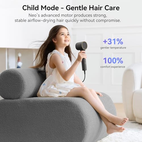 Laifen Neo High-Speed Hair Dryer, 110,000 RPM Brushless Motor, 200M Negative Ions for Fast Drying, 59dB Quiet & 390g Light, 2 Magnetic Nozzles for Home & Travel，Includes Child Mode