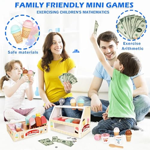 Beauenty Ice Cream Counter Playset for Kids, Montessori Pretend Play Food Toys Kitchen Accessories Wooden Popsicle Set with Scoop & Fake Cash, Ice Cream Shop Toys Toddler Learning Toy for Kids
