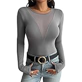 Sulozom Women Long Sleeve Sexy Mesh Deep V Neck Tight Fitted Shirts 2025 Fashion Y2K Shirts Cute Going Out Basic Tees Tops