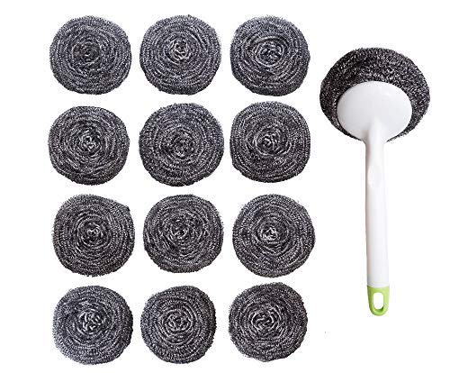 Kitchen Sumo Stainless Steel Sponges Scourer Set with Handle 40 Gram - Pack of 12 - Large Stainless Steel Scrubbers - Metal Scouring Pads - Kitchen Cleaning Tool