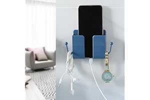 1pcs Self-Adhesive Mobile Phone Holder Wall Mounted Organizer Storage Box Control Plug Stands Charging Stand with Hooks (Blue