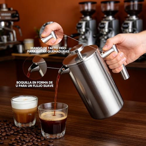 KAMYSEN Prensa Francesa, 1000ml Cafetera de Acero Inoxidable de Doble Pared | 3pcs Filtro de Repuesto, 1pc Cucharas de Acero Inoxidable, 1pc Brocha de Esponja