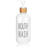 Pump Mouthwash Dispenser, Glass Mouthwash Container for Bathroom Countertop, Mouth Wash Bottle Decanter, White, Printed Font