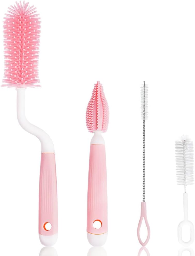 Vicloon 3PCS Baby Bottle Brush Silicone Bottle Cleaner Pink