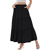 DJT Women's Boho Elegant Lace Trim Swing Tiered Maxi Skirt High Waisted Tie A Line Flowy Long Skirts with Pockets