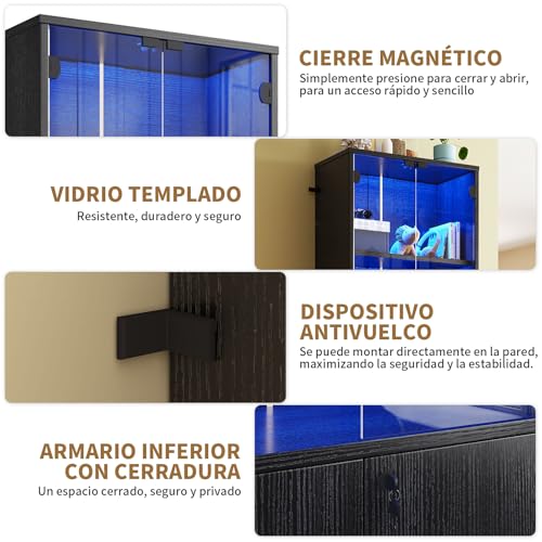 Simple Wisdom Vitrina Exhibidor,Vitrina con Puerta de Cristal y LED en la Parte Superior y Armario con Cerradura en la Parte Inferior,Librero Organizador,Archivero(Negro, 182X60 CM)