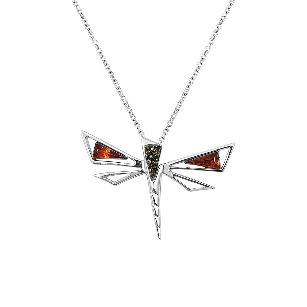 Kiara Jewellery 925 Sterling Silver Modern Dragonfly Pendant Necklace Inlaid With Mixed Baltic Amber on 18" Sterling Silver Chain.
