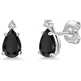 Gem Stone King 14K White Gold Black Onyx and White Created Sapphire Stud Earrings for Women | 0.82 Cttw | Gemstone December Birthstone | Pear Shape 6X4MM