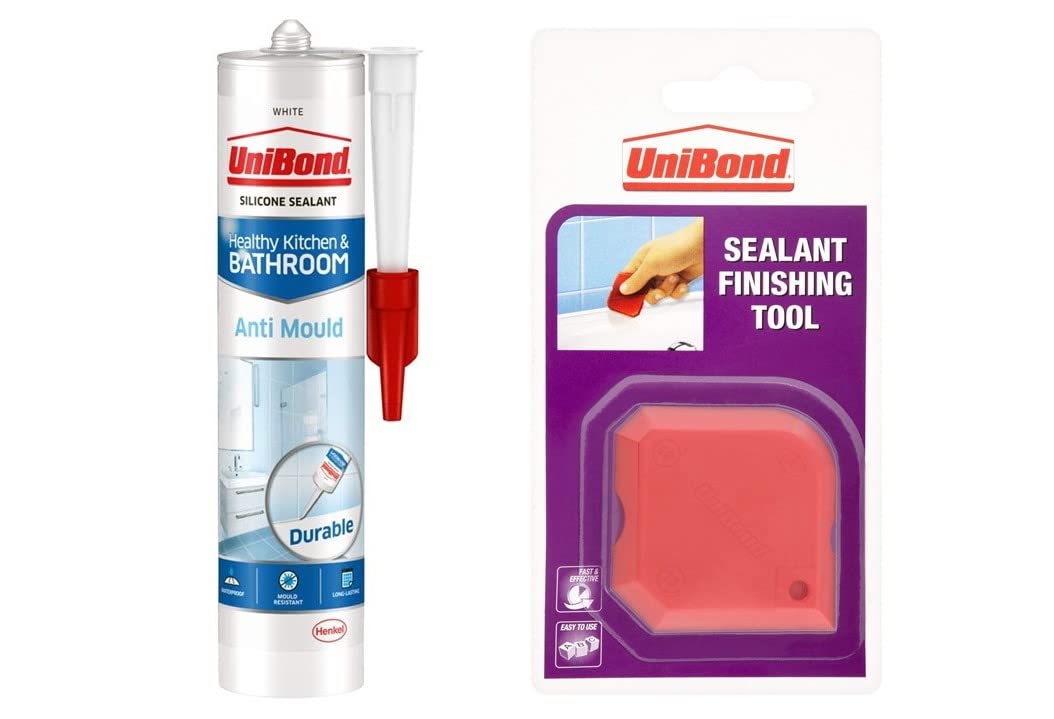 UniBond Anti-Mould White, Waterproof Mould Protection Kitchen & Bathroom Sealant Including UniBond Sealant Finishing Tool