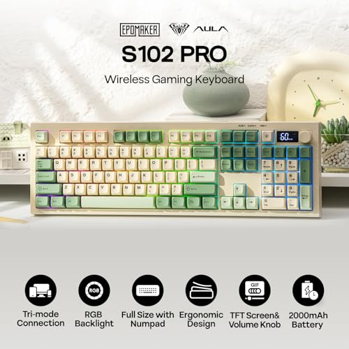 EPOMAKER Aula S102 Pro Teclado Gaming de Membrana con Pantalla TFT, Volume Knob & Number Pad, BT/2.4G/USB, RGB, Creamy Silicone Structure, Teclado Silencioso para Juegos de PC/Oficina (Yellow)
