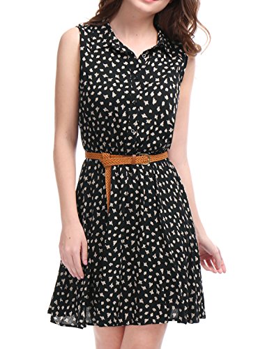 Allegra K Women Daisy Print Half Button Placket Belted Shirt Dress Black S (712662211440)
