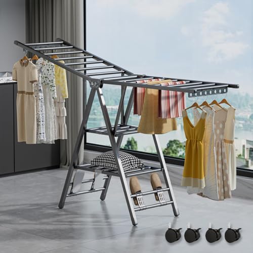 MOZOGOT Large Folding Clothes Dryer Clothes Drying Rack with 4 Shoe Holder, 3 Tier Portable Collapsible Laundry Hanger Dryer Rack, Freestanding Airer with Wheel for Indoor Outdoor, 180CM