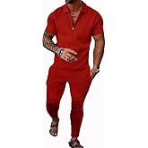 Kubsid Mens Sets 2 Piece Outfits Casual Activity Short Sleeve Polo Shirts and Jogging Long Pants Track Suits Red 2XL