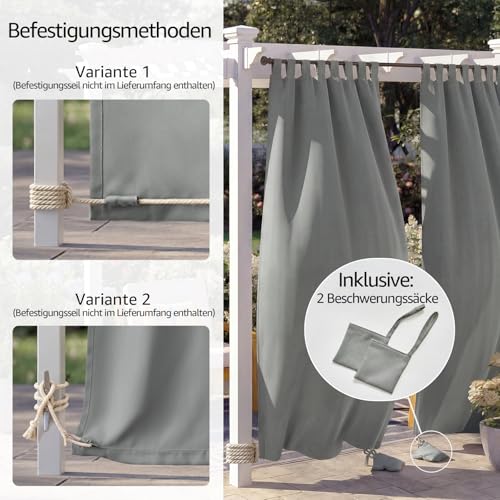 TOPICK Outdoor Curtain Weatherproof Sun Protection Curtains with Loops Opaque Living Room Balcony Door Curtain Outdoor Curtains H 215 x W 132 cm Set of 2 Water-Repellent for Balcony Gazebo Light Grey