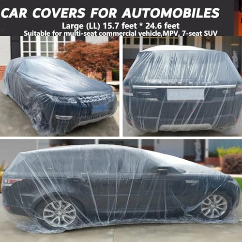 4Pack- Universal Disposable Car Cover Waterproof All Weather, Clear Plastic Car Cover, Car Covers for Automobiles Light Weigh, Rain Dust Garage Cover with Elastic Band (LL 15.7 Ft * 24.6 Ft)