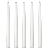 Set of 5 White Taper Candles, Dripless Unscented 10 Inch Tall Skinny Wax Candlesticks for Home Wedding Party Table Decor, 8 Hour Burn Time