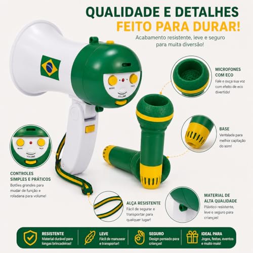Kit Torcida Copa do Mundo com Mini Megafone + 2 Microfones | Som de Torcida Brasileira + Função Amplificador de Voz | Brinquedo para Festa, Jogos, Copa e Comemorações