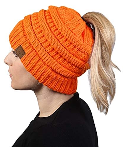 Messy Bun Womens Winter Knit Hat Beanie Tail Neon Orange in Oman