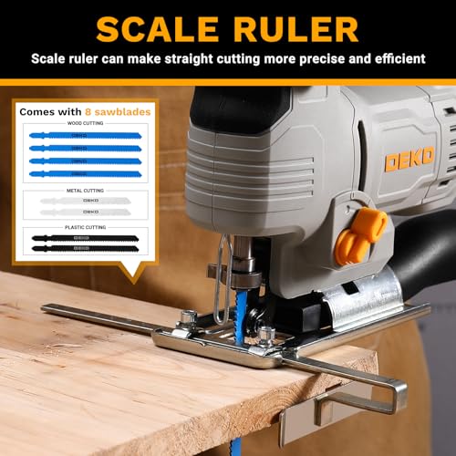 Electric Jigsaw: DEKOPRO 550W Wood Saw with 6 Variable Speeds from 800 to 3000 Cuts per Minute with LED Light, ±45° Inclined Cutting and 8 Blades for Wood, Metal and Plastic