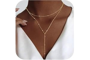 Luxval Lariat Gold Necklace for Women, Dainty Long Necklace 14k Gold Plated/Silver Y-Shaped Pendant Necklaces Trendy Beaded Chain Drop Necklaces Jewelry for Women Gifts