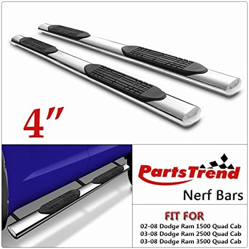 Fit 02-08 Ram 1500 Quad Cab/03-09 Ram 2500/3500 Quad Cab 4 inch Oval Stainless Steel Side Step Rails Nerf Bars Running Boards (2pcs with Mounting Bracket Hardware Kit)