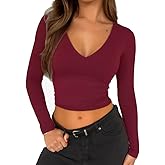 ForeFair Womens Long Sleeve Crop Tops Shirts Casual V Neck Going Out Top Double Lined Slim Fitted Basic Tee