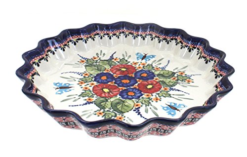 Click Here to See More Images Polish Pottery Floral Butterfly Fluted Quiche Dish