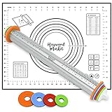 Stainless Steel Rolling Pin with Thickness Rings - Large Heavy Duty Adjustable Roller with Silicone Baking Mat for Dough, Pizza, Pastry, Pie, Pasta and Cookies (17 inch rolling pin)