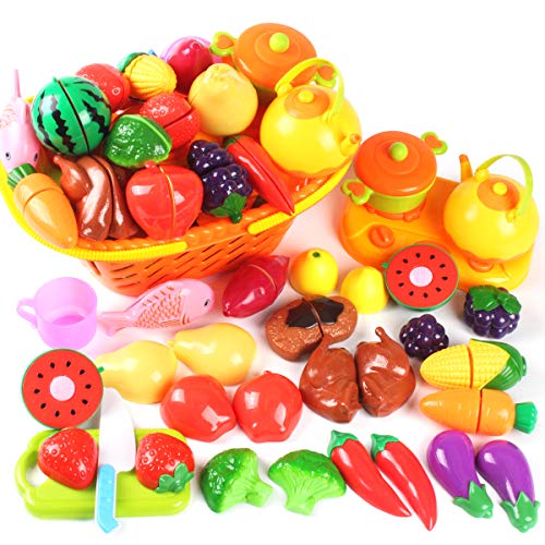 AMOSTING Kids Pretend Food Play Kitchen Toys for Kids, Plastic Food Fruit Cutting Set for Kids Play Kitchen Set, 37 Piece Kitchen Play Food for Kids Learning Gifts Early Educational Toys
