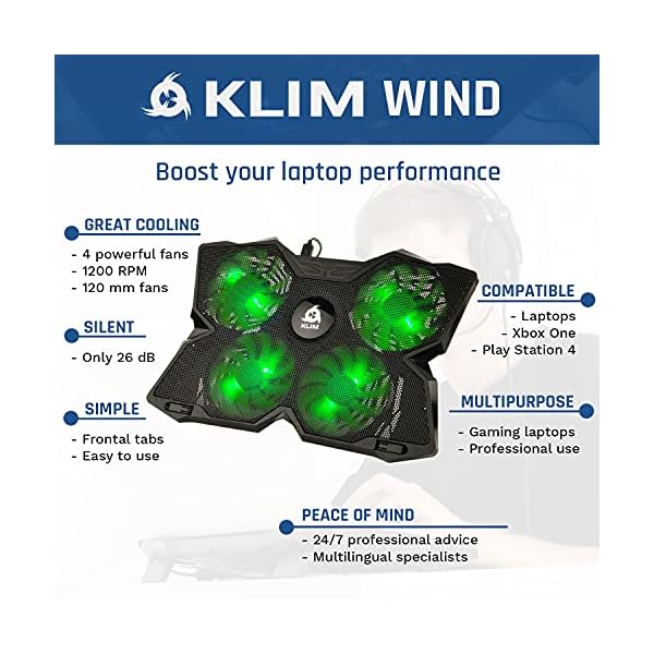 KLIM-Wind-Laptop-Cooling-Pad-The-Most-Powerful-Rapid-Action-Cooling-Fan-Laptop-Stand-with-4-Cooling-Fans-at-1200-RPM-USB-Fan-Compatible-New-2021-Version-Green KLIM Wind Laptop Cooling Pad - More than 500 000 units sold - NEW 2023 - The Most Powerful Rapid Action Cooling Fan…