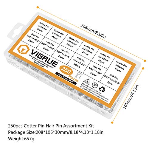 VIGRUE 250PCS Hairpin Cotter Pin Assortment Kit 12 Sizes Zinc Plated