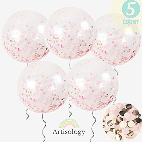 Artisology 36" Pink and Gold Confetti Balloons | 5 PACK | GLAM any special event like birthday party, baby gender neutral or baby shower, wedding, bridal shower decorations(PRE-FILLED)