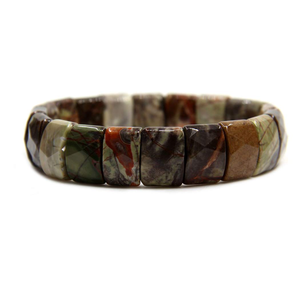 CHENYUE Natural Blossom Agate Gem Semi Precious Gemstone 15mm Faceted Square Grain Beads Stretch Bracelet 7.5 Inch