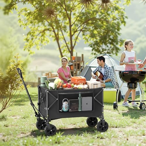 Plegable 220L / 150 kg, Ruedas Todoterreno para Playa y Césped, Asa Ajustable, Fácil de Plegar, Cabe en Maletero, Carro para Camping, Compras y Jardín, Negro