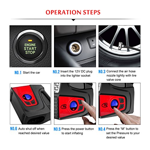 Cxy Portable Tire Inflator, 12V DC Digital Auto Air Compressor Pump with LED Lighting and 2 Interchangeable Nozzles for Car Vehicle, Motorcycle, Bicycle, Airbed and Balls (Black and Red)