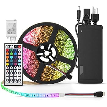 BINZET Flexible LED Strip Light - 32.8 Ft 5050 RGB 300LEDs Non-waterproof Color Changing Full Kit with 44 Keys IR Remote Controller 24V 3A Power Supply for Holiday Party Decoration