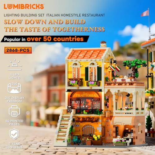 Lumibricks Italian Homestyle Restaurant Lighting Building-Bricks Set – City Town Modular Italian Trattoria & Café LED Light Building Kit 2868 Pcs Construction Set for Adults and Teens