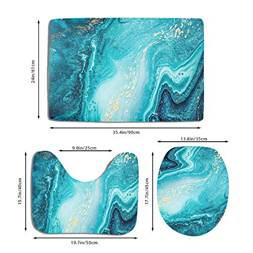 Marble Bathroom Rug Set 3 Piece Luxury Ocean Art Agate Blue Paint Gold