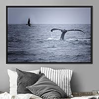 Framed Canvas Wall Art Swimming Free Cool Group Marine Life Multicolor Nautical Photography Realism Relax/Calm Whale - 16x24 inches