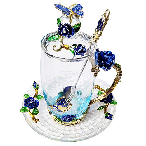 Birthday Christmas Gifts Mom Sister Girlfriend Coworker Flower Butterfly Teacup Coffee Mug Saucer Lid(Blue Tall)