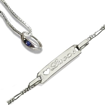 Taufset : Anhänger Taufring mit blauem Stein mit Venezianer-Kette+ Babyarmband - Taufarmband ID mit SOFORTGRAVUR +VORSCHAU: Gravur 13 bis 15 cm: Figaro-Glieder - Gravurplatte mit ausgeschnittenem Herz. Beide Teile Sterling Silber 925 gestempelt