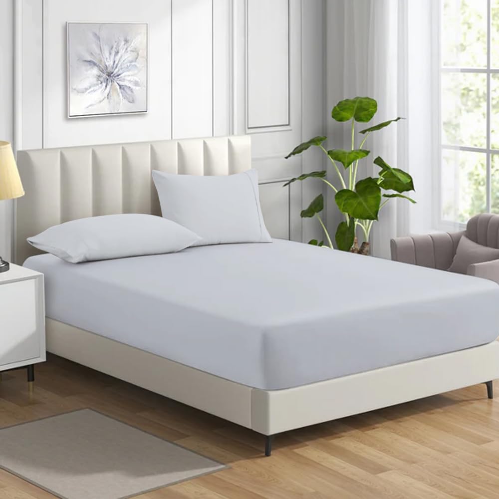 MistyMorning Fitted Sheet, Soft & Premium quality Bedding & Linen, 11''/28cm deep sheet, Egyptian Cotton with 200 Thread Count. (Silver Grey, Double)