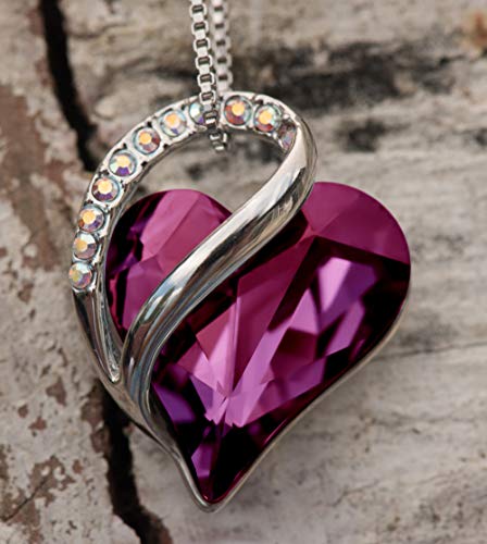 Leafael"Infinity Love" Heart Pendant Necklace Made with Swarovski Crystals Amethyst Dark Pink February Birthstone Jewelry Gifts for Women, Silver-tone, 18"+2", Presented by Miss New York