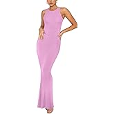 REORIA Women's Basic Summer Sexy Lounge Tank Long Dress Elegant Sleeveless Halter Neck Bodycon Maxi Dresses