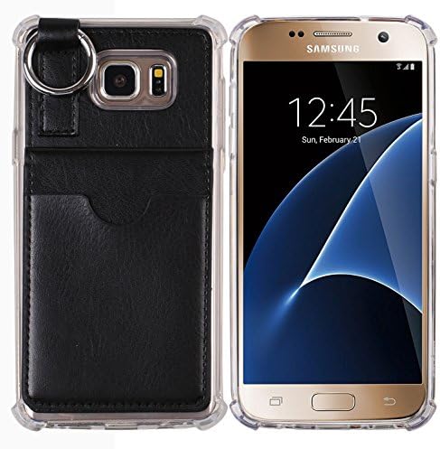 Galaxy S7 Wallet Case,[Pocket Ring Bumper] Credit Card Case [Kick Stand] Protective Hybrid Case [Key Ring Holder] with 3 Cards Slot Wallet for Galaxy S7 (Black)