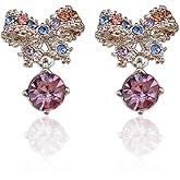Dainty Rhinestone Bow Drop Earrings for Women Silver Plated Chic Cute Sparkly Crystal Bowkont Statement Dangling Studs Lightweight Wedding Party Trendy Jewelry