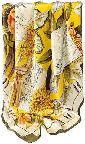 Grace Scarves 100% Silk Scarf, Extra-Large, Flowers & Pen & Ink Wildlife, Yellow/Green